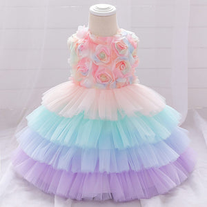 Pink Dress With Flowers And Colorful Layers 1 - Minitaq baby kids clothes dress