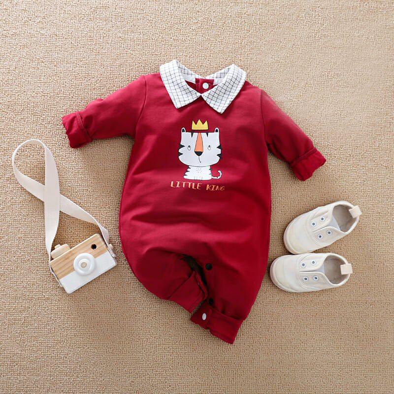 Tiger with Crown Red Maroon Romper 1 - Minitaq baby kids clothes dress
