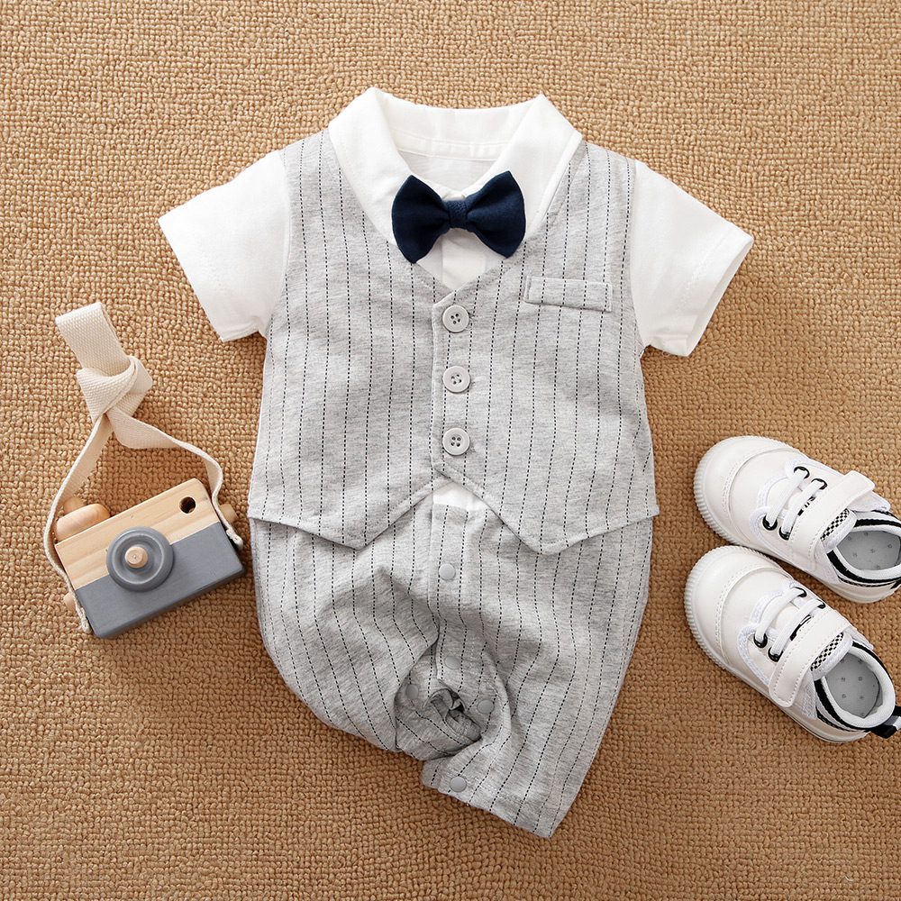 Gray Stylish Baby Romper With Bow Tie 1 - Minitaq baby kids clothes dress