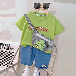 Happy Dino Green Shirt and Rainbow Jeans Shorts 2 pcs Set - Minitaq baby kids clothes dress
