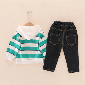 Green Lines Hooded Jumper With Black Jeans Pants 2pc Set 13 - Minitaq baby kids clothes dress