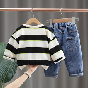 Black N White Jumper With Inner T-Shirt And Jeans 3pc Set 8 - Minitaq baby kids clothes dress