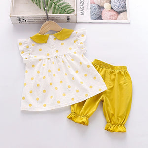 Cute Mustard Yellow Polka Dots 2pcs Set For Girls - Minitaq baby kids clothes dress