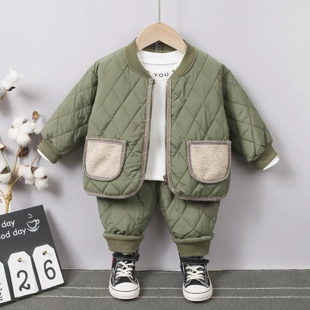 Olive Green Quilted N Fur Pocket Style Set - Minitaq baby kids clothes dress