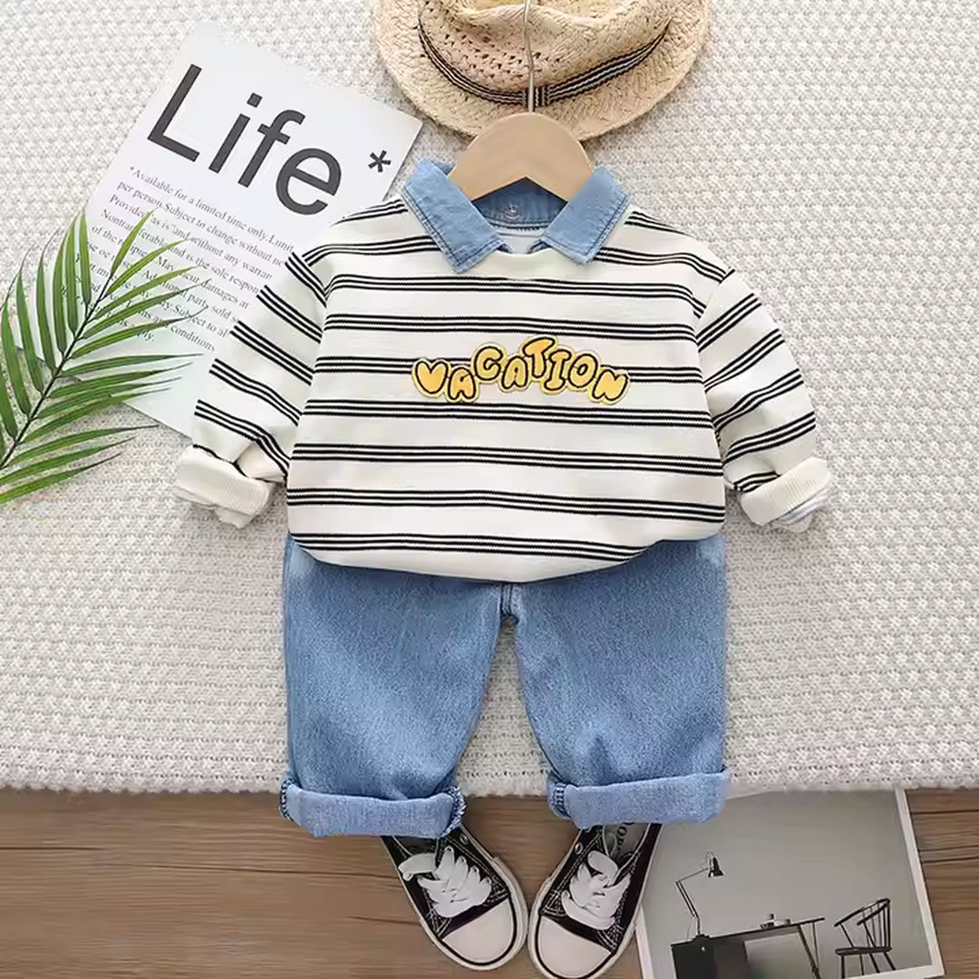 Vacation Style Striped Shirt with Jeans Pants 2pcs Set - Minitaq baby kids clothes dress