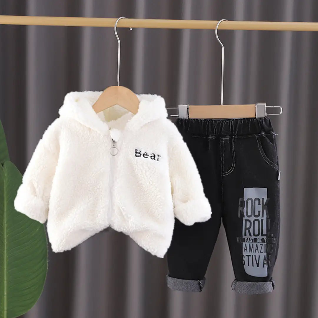 Warm Comfy White Hooded Zipper Jacket With Black Denim Set - Minitaq baby kids clothes dress