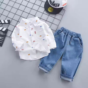 Mini Cars Pattern Full Sleeves Shirt N Denim Pants 2 pcs Set - Minitaq baby kids clothes dress