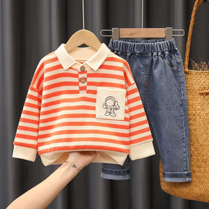Cartoon Pocket Orange Striped Shirt N Blue Jeans Set - Minitaq baby kids clothes dress