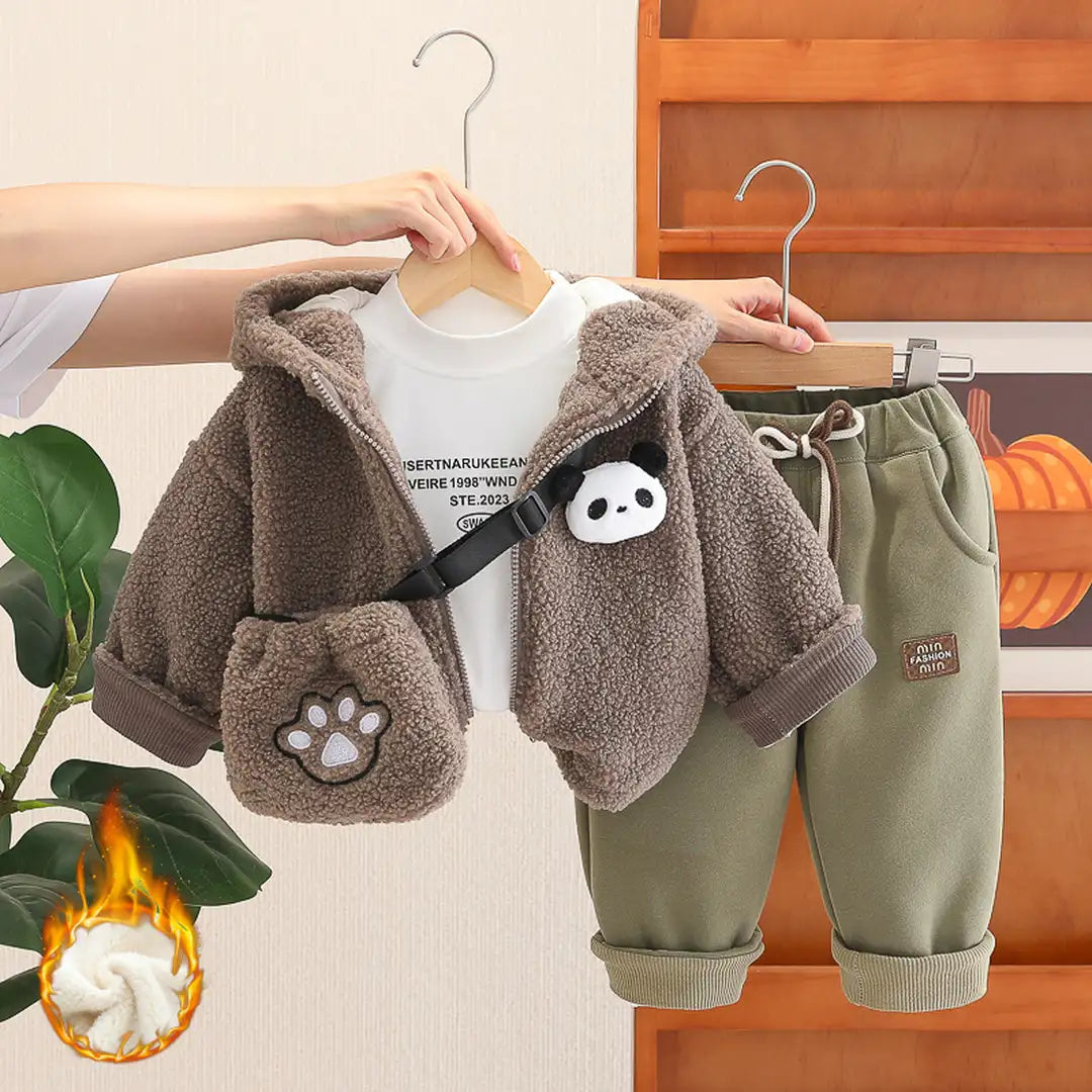 Brown Panda Hooded Jacket N Khaki Drawstring Pants - Minitaq baby kids clothes dress