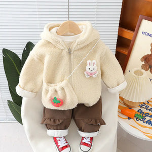 Cream Hooded Jacket with Rabbit Patch N Brown Ruffle Pants Set - Minitaq baby kids clothes dress