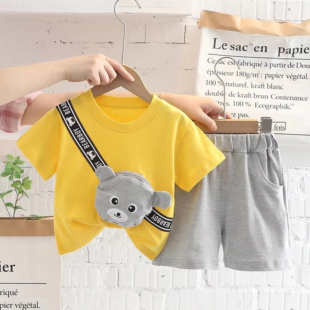 Comfortable Yellow T-Shirt with Bear Pouch and Gray Shorts - Minitaq baby kids clothes dress