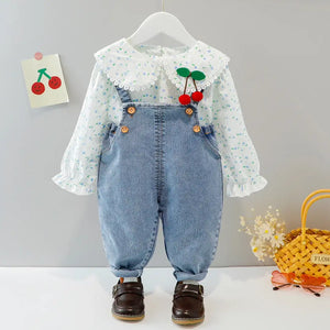 Lace Blouse Shirt With Denim Suspender Pants For Girls 1 - Minitaq baby kids clothes dress