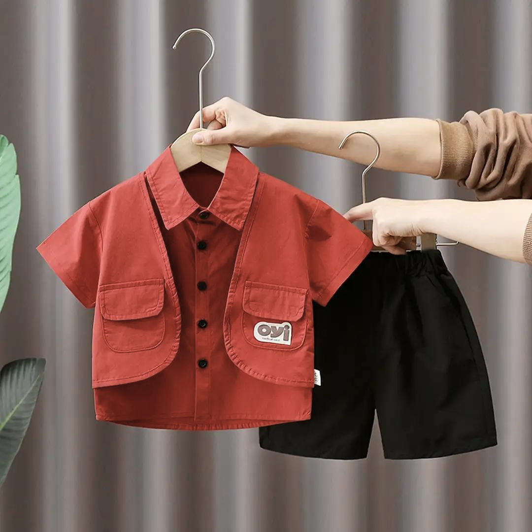Red Shirt Cargo Style Waistcoat With Black Shorts For Kids 1 - Minitaq baby kids clothes dress