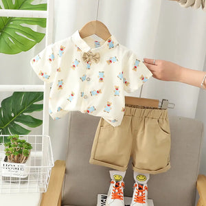 Cartoon Patterned Summer Shirt With Beige Cotton Shorts 1 - Minitaq baby kids clothes dress