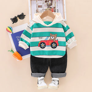 Green Lines Hooded Jumper With Black Jeans Pants 2pc Set 1 - Minitaq baby kids clothes dress