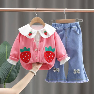 White Top With Pink Sweater And Jeans Trousers 3pc Set 1 - Minitaq baby kids clothes dress