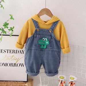 Silent Green Dino on Dungaree with Yellow Hoodie Set - Minitaq baby kids clothes dress