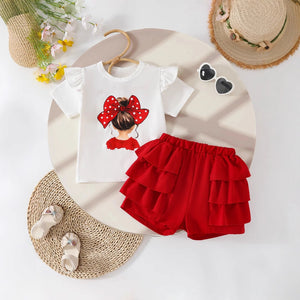 Adorable Bow Girl Shirt N Ruffle Red Shorts Set - Minitaq baby kids clothes dress