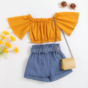 Trendy Mustard Off-Shoulder Top and Blue Shorts Set - Minitaq baby kids clothes dress
