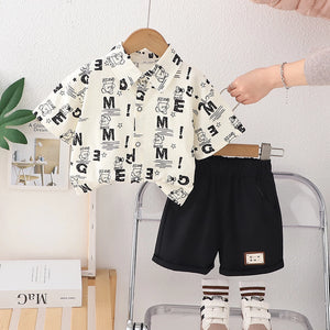 Alphabet Patterned Shirt N Black Shorts 2pcs Set - Minitaq baby kids clothes dress