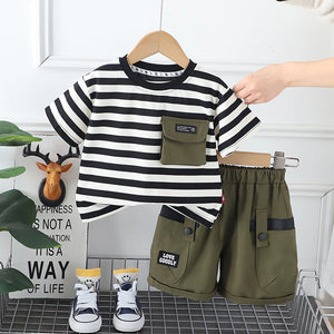 Forest Green Shorts N Striped Shirt 2pcs Set - Minitaq baby kids clothes dress