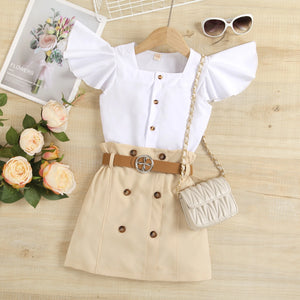 Cute Ruffle Sleeve Shirt N High-Waist Skirt Set - Minitaq baby kids clothes dress