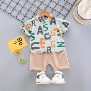 Alphabet Style Green Shirt N Beige Shorts 2pcs Set - Minitaq baby kids clothes dress