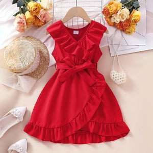 Elegant Red Ruffle Dress with Waist Bow - Minitaq baby kids clothes dress