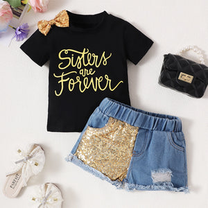 Sisters Forever Tee and Sequin Denim Shorts Set - Minitaq baby kids clothes dress