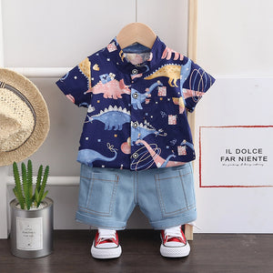 Dark Blue Dino Design Shirt N Denim Shorts Set - Minitaq baby kids clothes dress