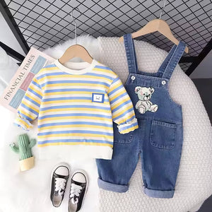 Cute Bear Denim Dungaree N Striped Full Sleeve Shirt 2pcs Set - Minitaq baby kids clothes dress