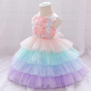 Pink Dress With Flowers And Colorful Layers 2 - Minitaq baby kids clothes dress