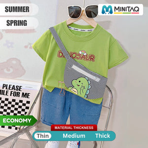 Happy Dino Green Shirt and Rainbow Jeans Shorts 2 pcs Set - Minitaq baby kids clothes dress