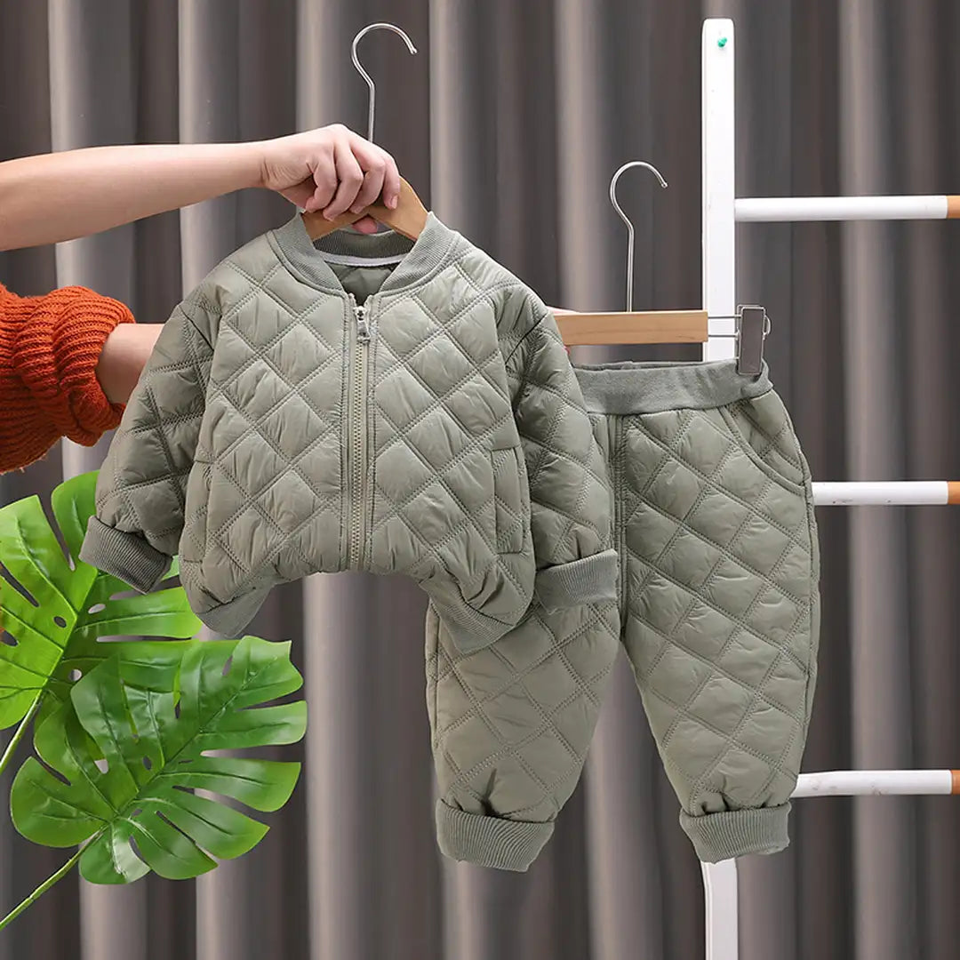 Olive Green Quilted Puffer Jacket N Pants 2pcs Set - Minitaq baby kids clothes dress