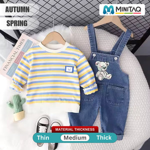 Cute Bear Denim Dungaree N Striped Full Sleeve Shirt 2pcs Set - Minitaq baby kids clothes dress