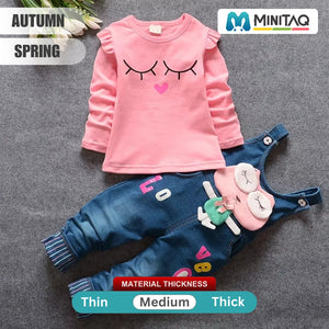 Owl on Dungaree with Pink Ruffle Style Top Set For Girls - Minitaq baby kids clothes dress