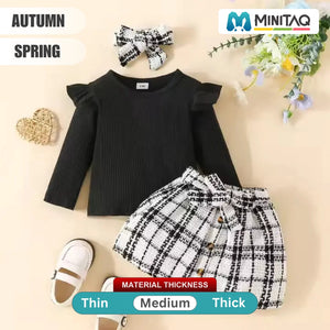 Elegant Black Top and Classic Plaid Skirt Baby Girl Set - Minitaq baby kids clothes dress