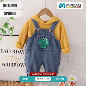Silent Green Dino on Dungaree with Yellow Hoodie Set - Minitaq baby kids clothes dress