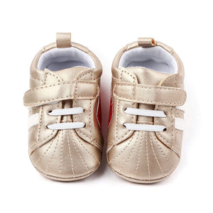 Shiny Gold Classy Baby Shoes with White Stripes 2 - Minitaq baby kids clothes dress