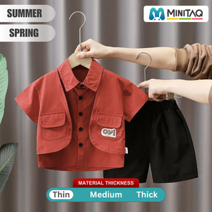 Red Shirt Cargo Style Waistcoat With Black Shorts For Kids 2 - Minitaq baby kids clothes dress