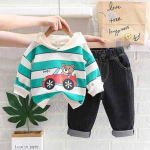 Green Lines Hooded Jumper With Black Jeans Pants 2pc Set 12 - Minitaq baby kids clothes dress