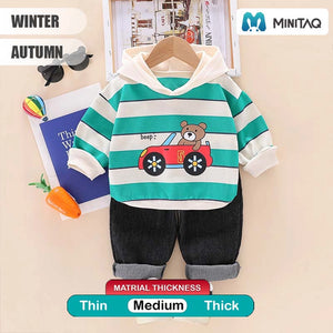 Green Lines Hooded Jumper With Black Jeans Pants 2pc Set 2 - Minitaq baby kids clothes dress