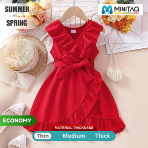 Elegant Red Ruffle Dress with Waist Bow - Minitaq baby kids clothes dress