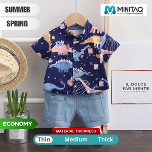 Dark Blue Dino Design Shirt N Denim Shorts Set - Minitaq baby kids clothes dress