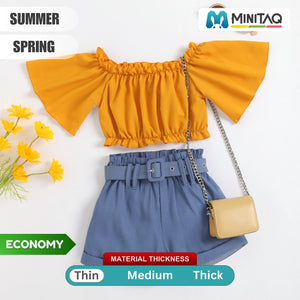 Trendy Mustard Off-Shoulder Top and Blue Shorts Set - Minitaq baby kids clothes dress