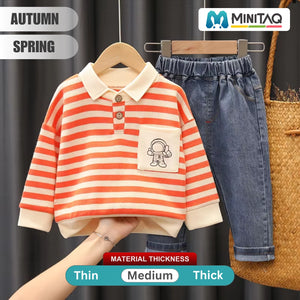 Cartoon Pocket Orange Striped Shirt N Blue Jeans Set - Minitaq baby kids clothes dress
