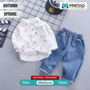 Mini Cars Pattern Full Sleeves Shirt N Denim Pants 2 pcs Set - Minitaq baby kids clothes dress