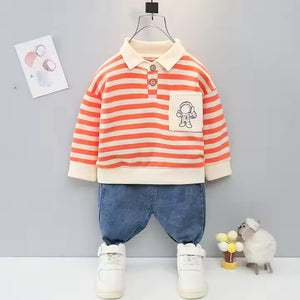 Cartoon Pocket Orange Striped Shirt N Blue Jeans Set - Minitaq baby kids clothes dress