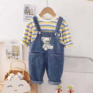 Cute Bear Denim Dungaree N Striped Full Sleeve Shirt 2pcs Set - Minitaq baby kids clothes dress