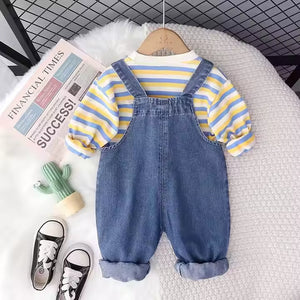 Cute Bear Denim Dungaree N Striped Full Sleeve Shirt 2pcs Set - Minitaq baby kids clothes dress